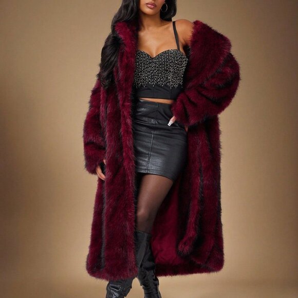 Burgundy Casual Women's Long Fluffy Faux Fur Coat - Picture 4 of 8